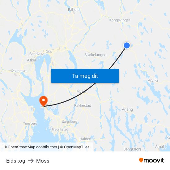 Eidskog to Moss map