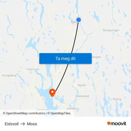 Eidsvoll to Moss map