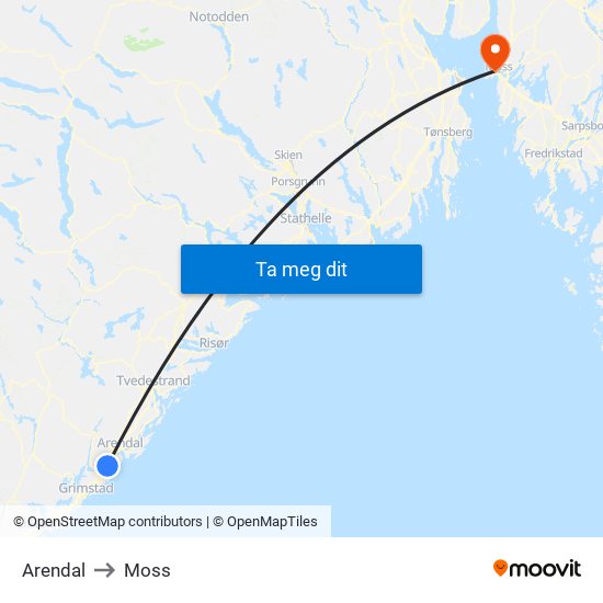 Arendal to Moss map