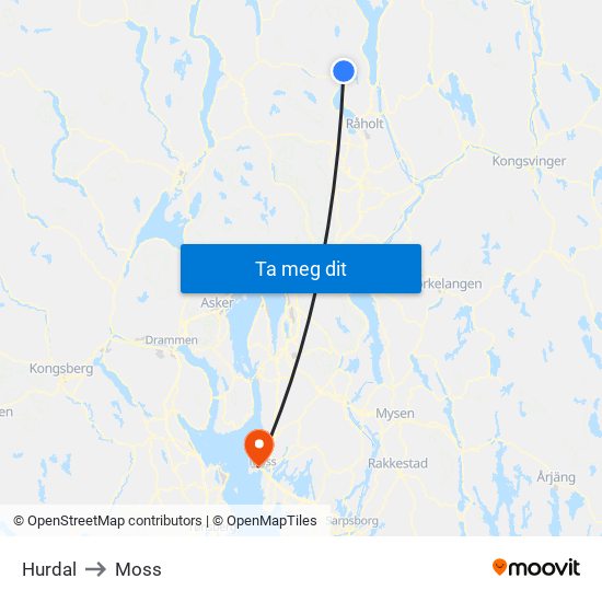 Hurdal to Moss map