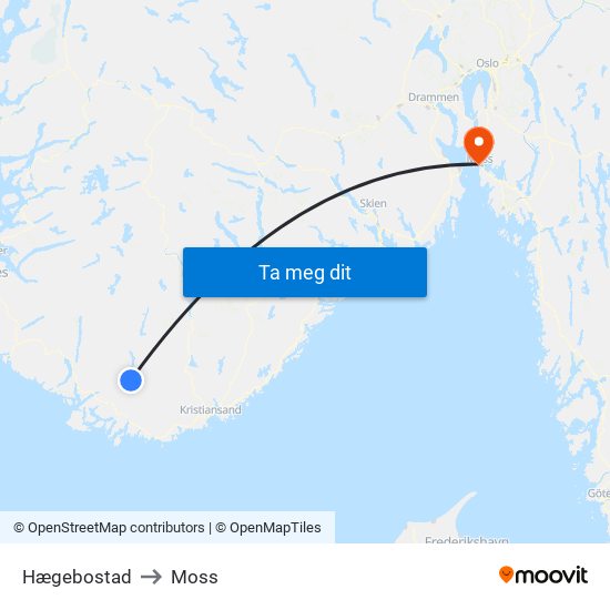 Hægebostad to Moss map