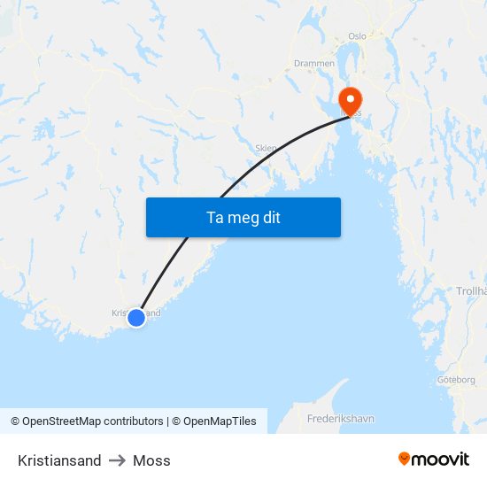 Kristiansand to Moss map