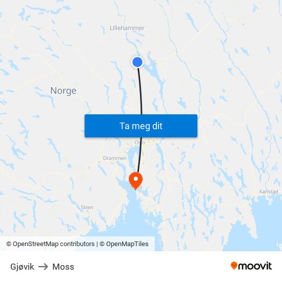 Gjøvik to Moss map