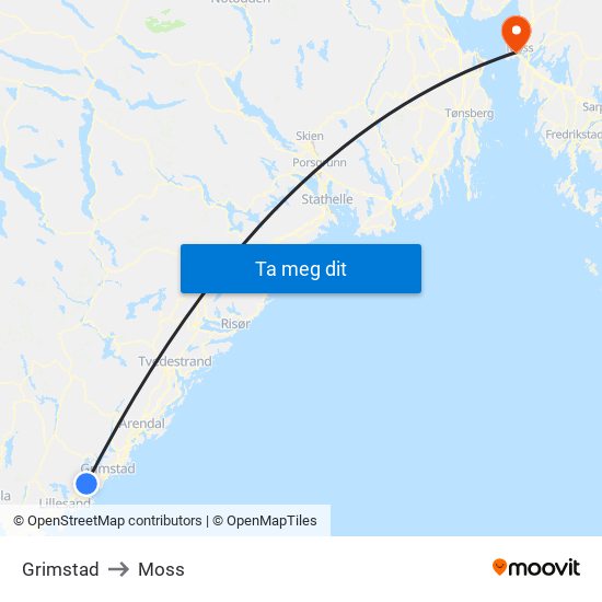 Grimstad to Moss map