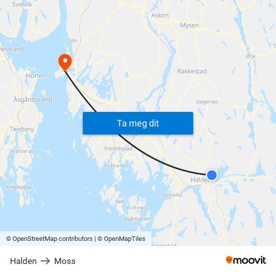 Halden to Moss map