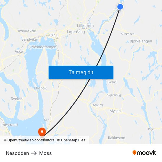 Nesodden to Moss map