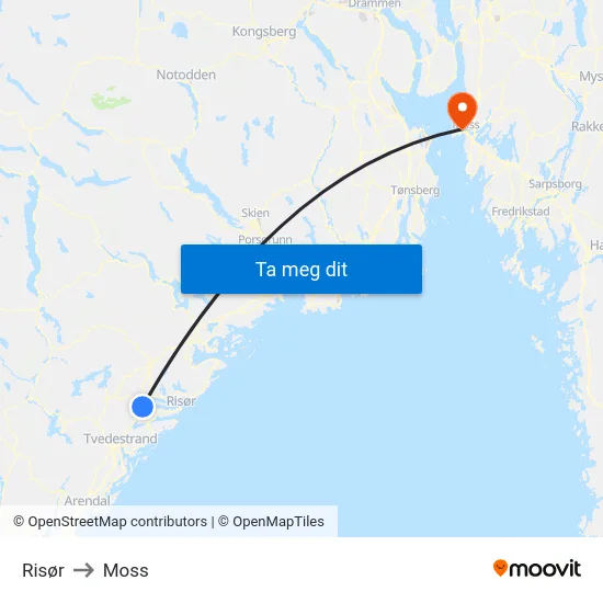 Risør to Moss map