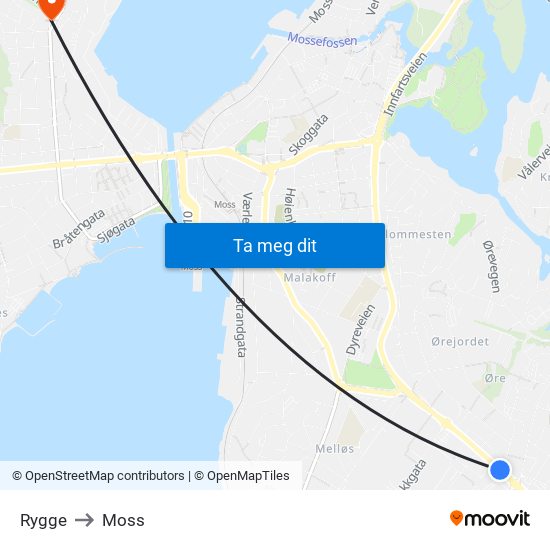 Rygge to Moss map