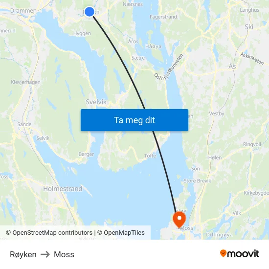Røyken to Moss map