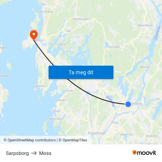 Sarpsborg to Moss map