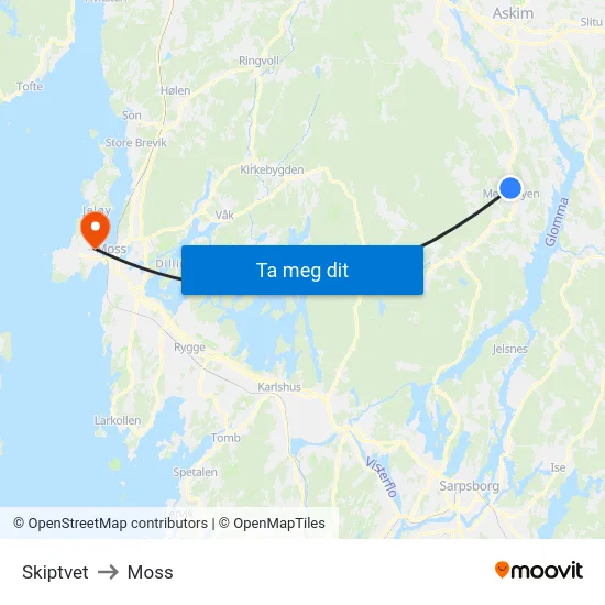 Skiptvet to Moss map