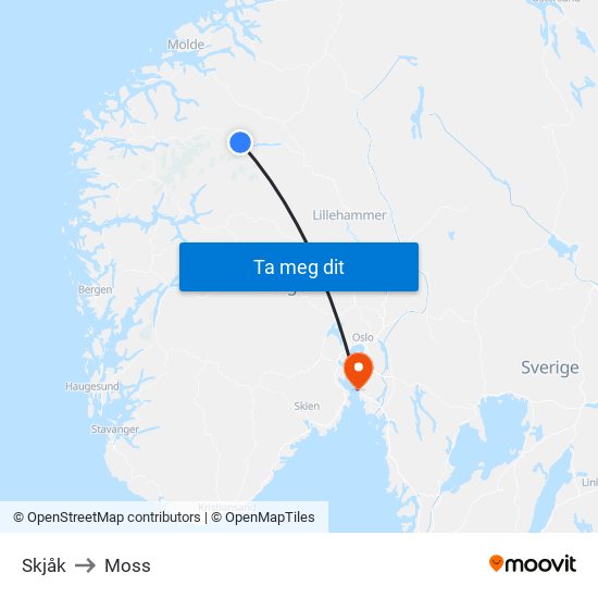 Skjåk to Moss map