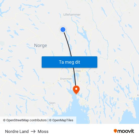 Nordre Land to Moss map