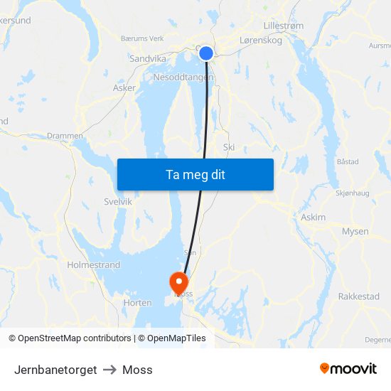 Jernbanetorget to Moss map