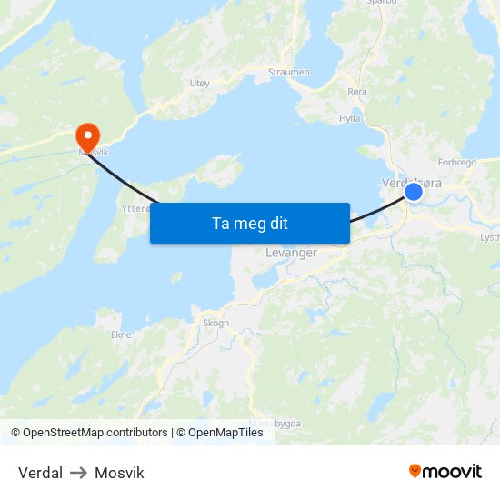 Verdal to Mosvik map