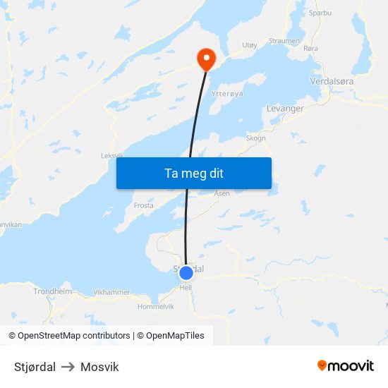Stjørdal to Mosvik map
