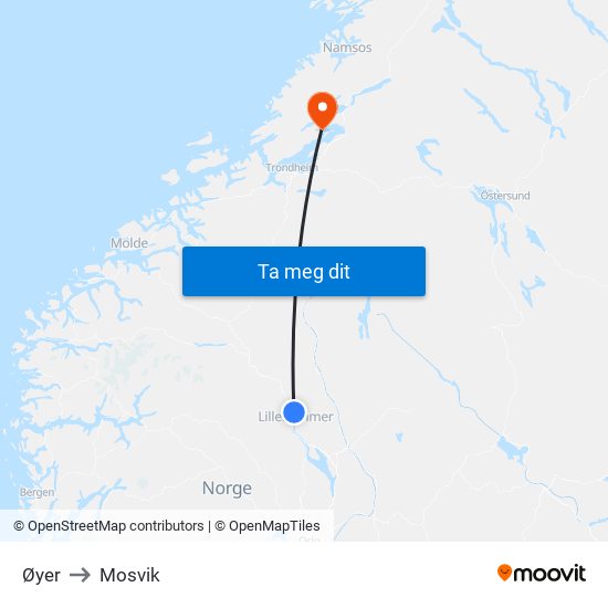 Øyer to Mosvik map