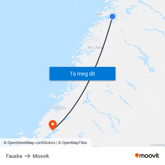 Fauske to Mosvik map