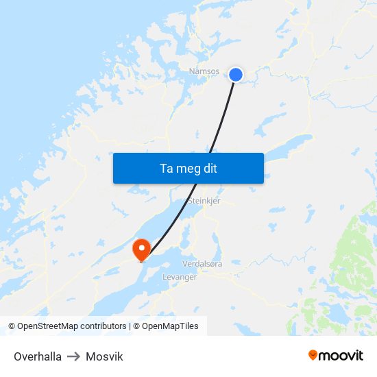 Overhalla to Mosvik map