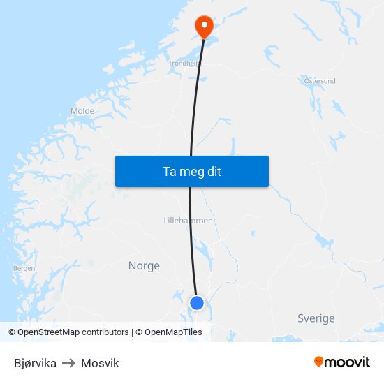 Bjørvika to Mosvik map