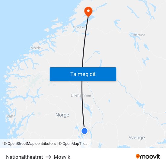 Nationaltheatret to Mosvik map