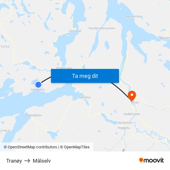 Tranøy to Målselv map