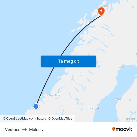 Vestnes to Målselv map