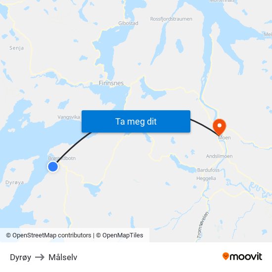Dyrøy to Målselv map