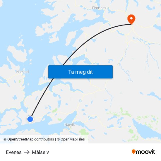 Evenes to Målselv map