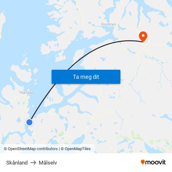Skånland to Målselv map