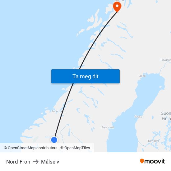 Nord-Fron to Målselv map