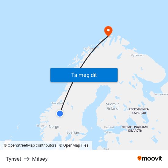 Tynset to Måsøy map