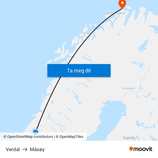 Verdal to Måsøy map