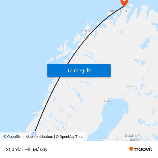 Stjørdal to Måsøy map