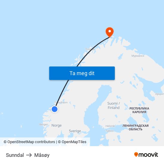 Sunndal to Måsøy map