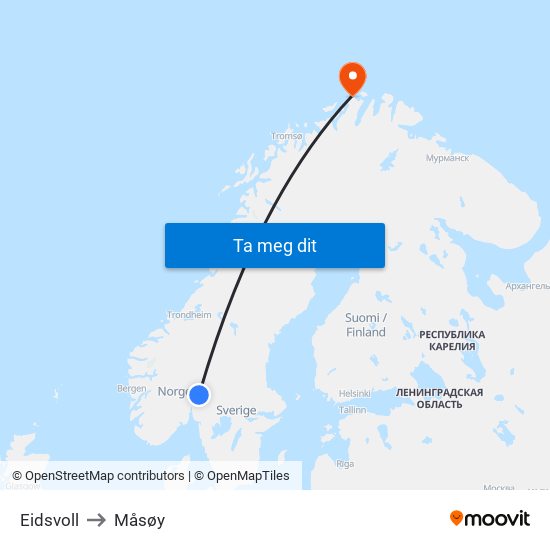 Eidsvoll to Måsøy map