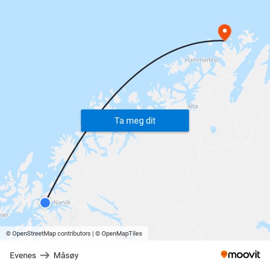 Evenes to Måsøy map