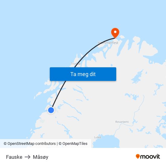 Fauske to Måsøy map