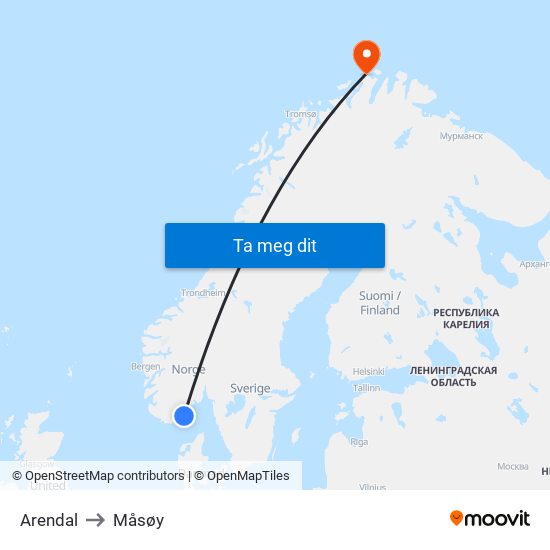 Arendal to Måsøy map