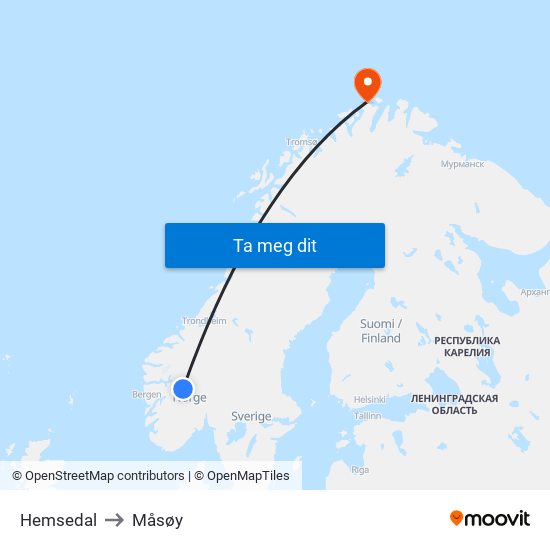 Hemsedal to Måsøy map