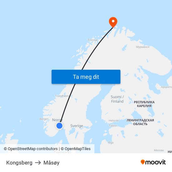 Kongsberg to Måsøy map