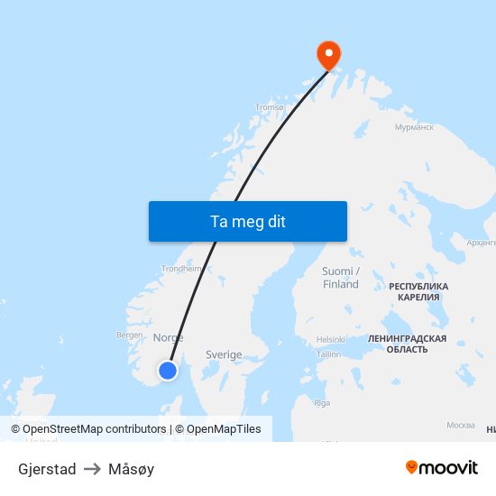 Gjerstad to Måsøy map