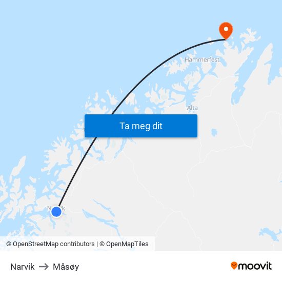 Narvik to Måsøy map