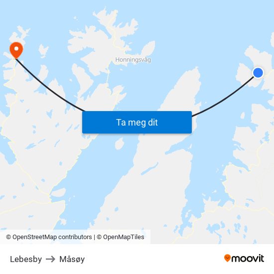 Lebesby to Måsøy map