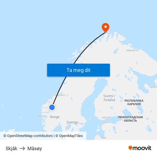 Skjåk to Måsøy map