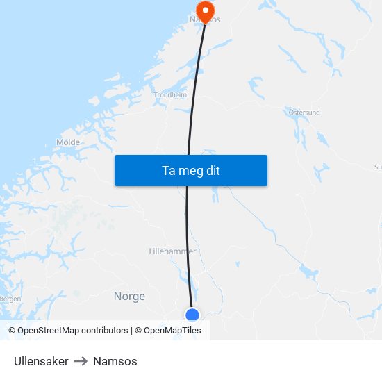 Ullensaker to Namsos map