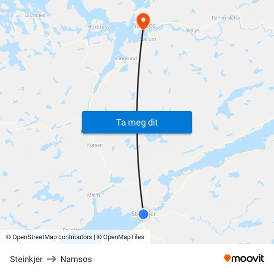 Steinkjer to Namsos map