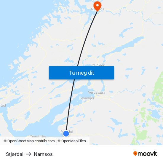 Stjørdal to Namsos map