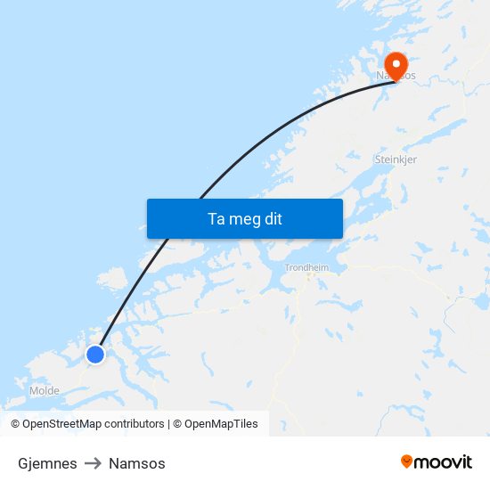 Gjemnes to Namsos map