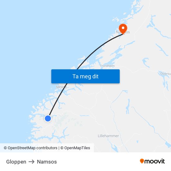 Gloppen to Namsos map